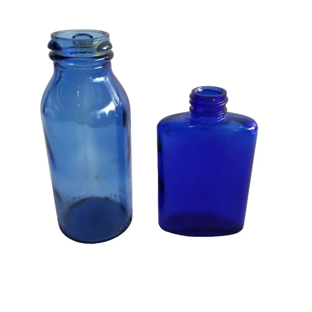 Vintage Cobalt Blue glass Bottles Bromo Seltzer Emerson Drug Co Decorative Old